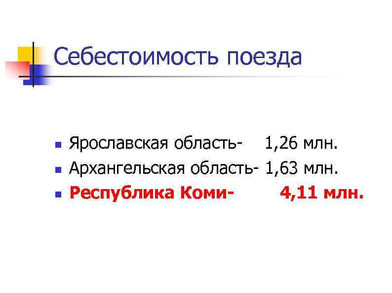 Себестоимость поезда n n n Ярославская область- 1, 26 млн. Архангельская область- 1, 63