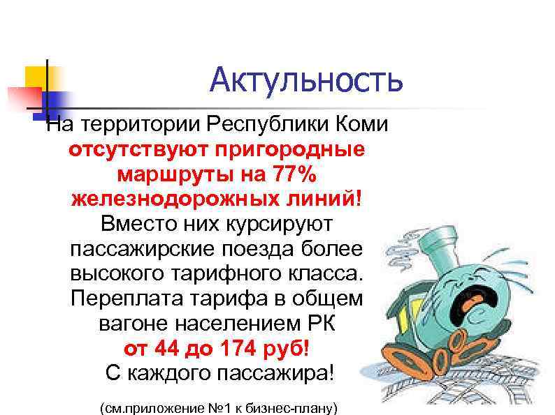 Актульность На территории Республики Коми отсутствуют пригородные маршруты на 77% железнодорожных линий! Вместо них