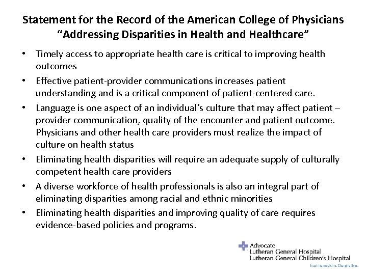 Statement for the Record of the American College of Physicians “Addressing Disparities in Health