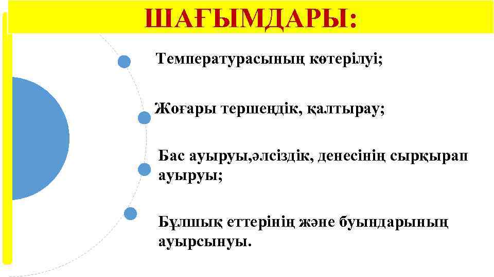 ШАҒЫМДАРЫ: Температурасының көтерілуі; Жоғары тершеңдік, қалтырау; Бас ауыруы, әлсіздік, денесінің сырқырап ауыруы; Бұлшық еттерінің