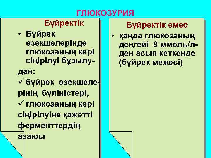 ГЛЮКОЗУРИЯ Бүйректік емес • Бүйрек • қанда глюкозаның өзекшелерінде деңгейі 9 ммоль/лглюкозаның кері ден