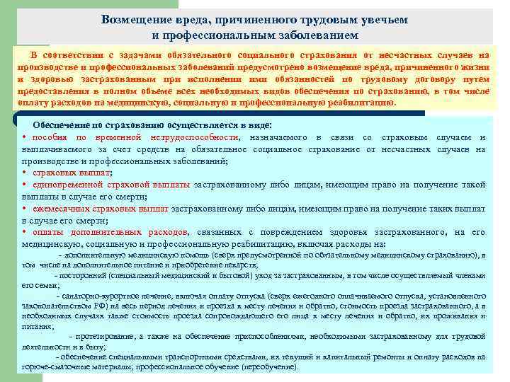 Возмещение вреда, причиненного трудовым увечьем и профессиональным заболеванием В соответствии с задачами обязательного социального