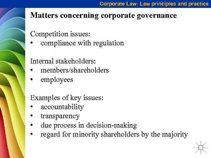 Corporate Law: Law principles and practice Matters concerning corporate governance Competition issues: • compliance