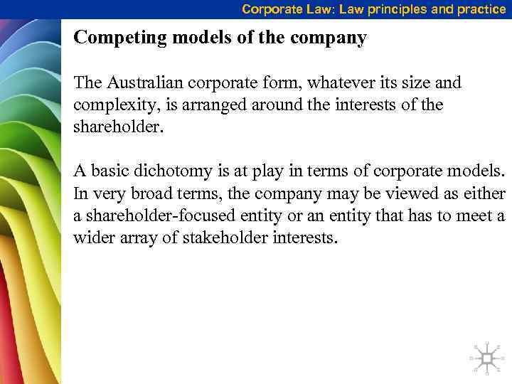 Corporate Law: Law principles and practice Competing models of the company The Australian corporate