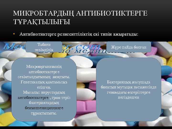 МИКРОБТАРДЫҢ АНТИБИОТИКТЕРГЕ ТҰРАҚТЫЛЫҒЫ • Антибиотиктерге резисенттіліктің екі типін ажыратады: Табиғи төзімділік Жүре пайда болған