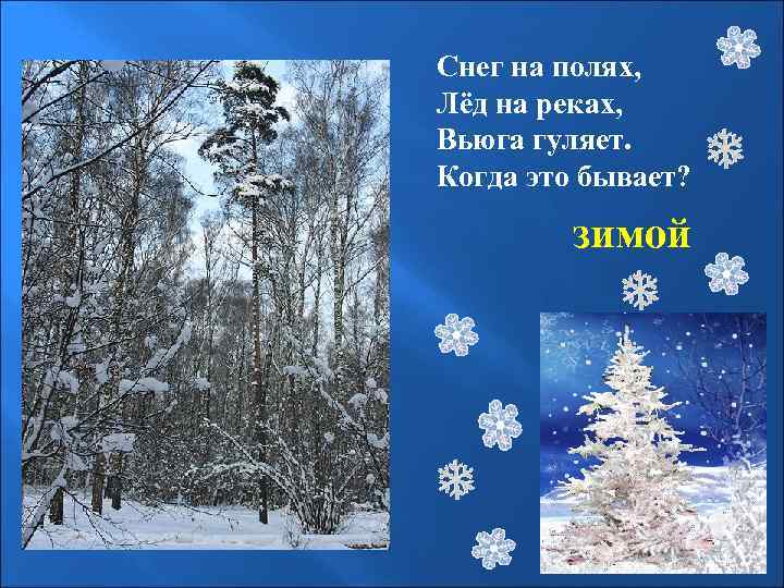 Снег на полях, Лёд на реках, Вьюга гуляет. Когда это бывает? зимой 