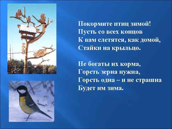 Покормите птиц зимой! Пусть со всех концов К вам слетятся, как домой, Стайки на