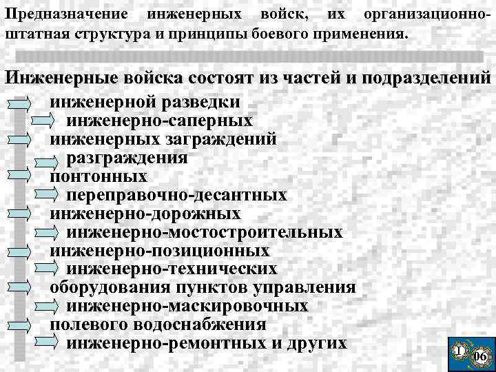 Предназначение инженерных войск, их организационноштатная структура и принципы боевого применения. Инженерные войска состоят из