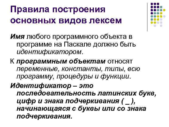 Правила построения основных видов лексем Имя любого программного объекта в программе на Паскале должно