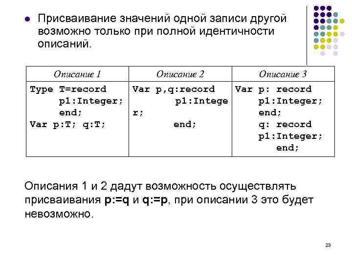 l Присваивание значений одной записи другой возможно только при полной идентичности описаний. Описание 1