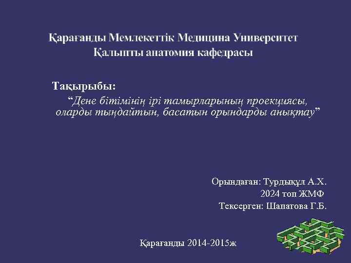 Тақырыбы: “Дене бітімінің ірі тамырларының проекциясы, оларды тыңдайтын, басатын орындарды анықтау” Орындаған: Турдықұл А.