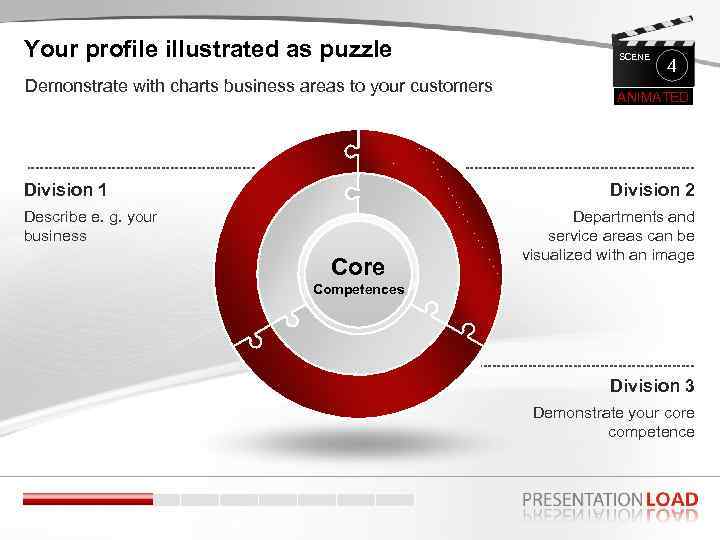Your profile illustrated as puzzle Demonstrate with charts business areas to your customers Division