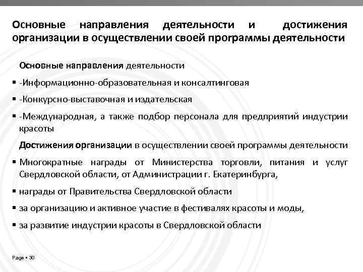 Основные направления деятельности и достижения организации в осуществлении своей программы деятельности Основные направления деятельности