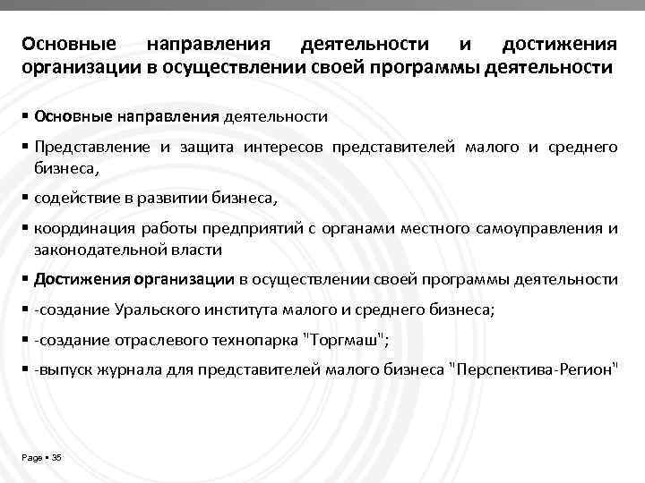 Основные направления деятельности и достижения организации в осуществлении своей программы деятельности Основные направления деятельности