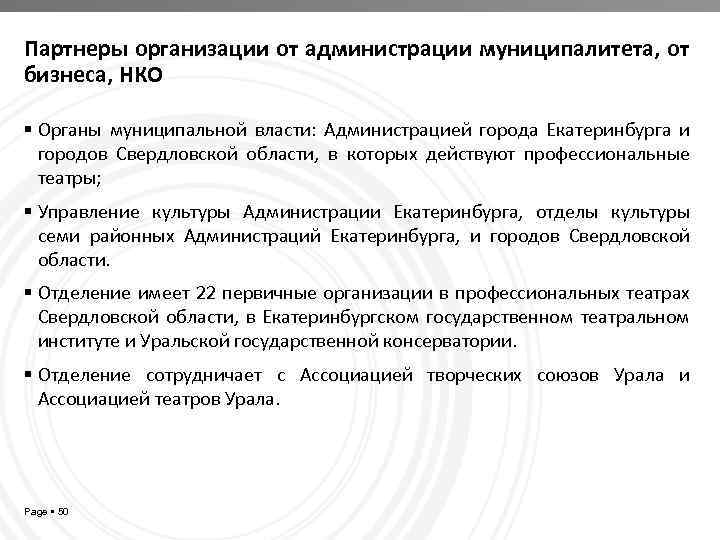 Партнеры организации от администрации муниципалитета, от бизнеса, НКО Органы муниципальной власти: Администрацией города Екатеринбурга