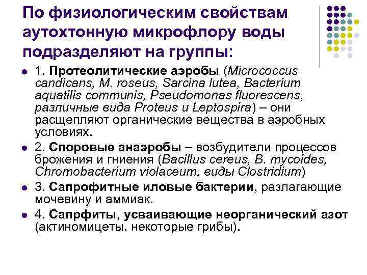 По физиологическим свойствам аутохтонную микрофлору воды подразделяют на группы: l l 1. Протеолитические аэробы