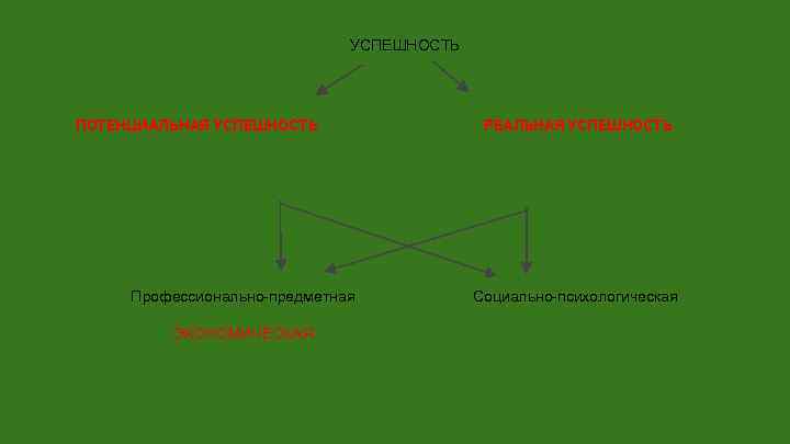 УСПЕШНОСТЬ ПОТЕНЦИАЛЬНАЯ УСПЕШНОСТЬ Профессионально-предметная ЭКОНОМИЧЕСКАЯ РЕАЛЬНАЯ УСПЕШНОСТЬ Социально-психологическая 