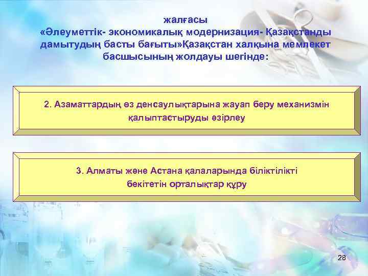 жалғасы «Әлеуметтік- экономикалық модернизация- Қазақстанды дамытудың басты бағыты» Қазақстан халқына мемлекет басшысының жолдауы шегінде: