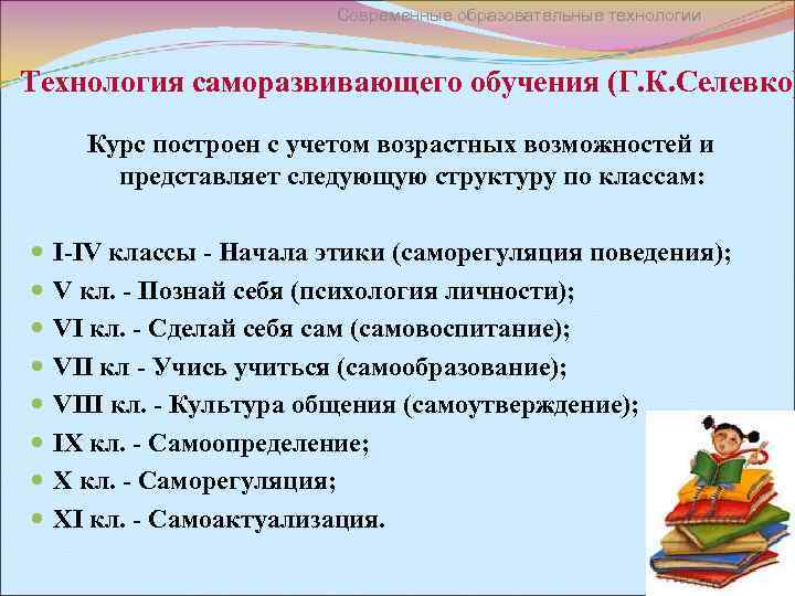 Современные образовательные технологии Технология саморазвивающего обучения (Г. К. Селевко) Курс построен с учетом возрастных