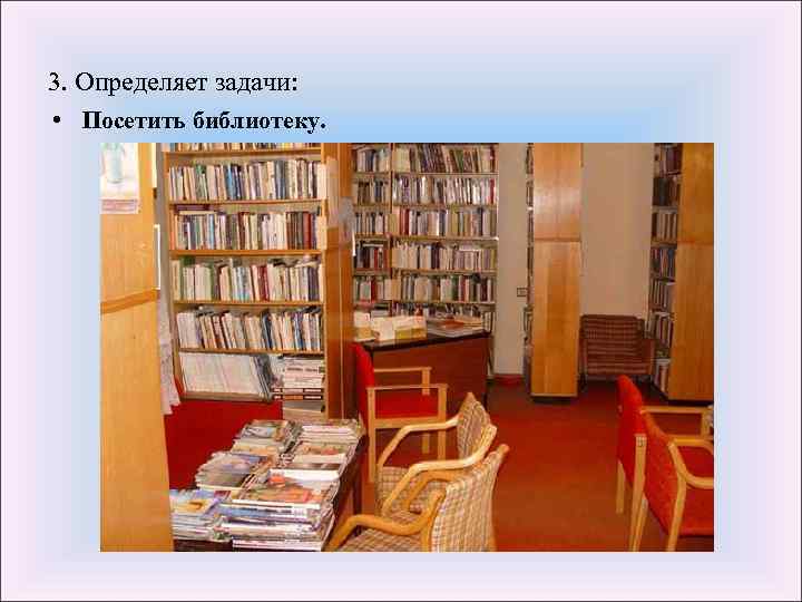 3. Определяет задачи: • Посетить библиотеку. 