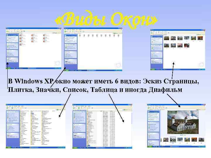  «Виды Окон» В Windows XP окно может иметь 6 видов: Эскиз Страницы, Плитка,