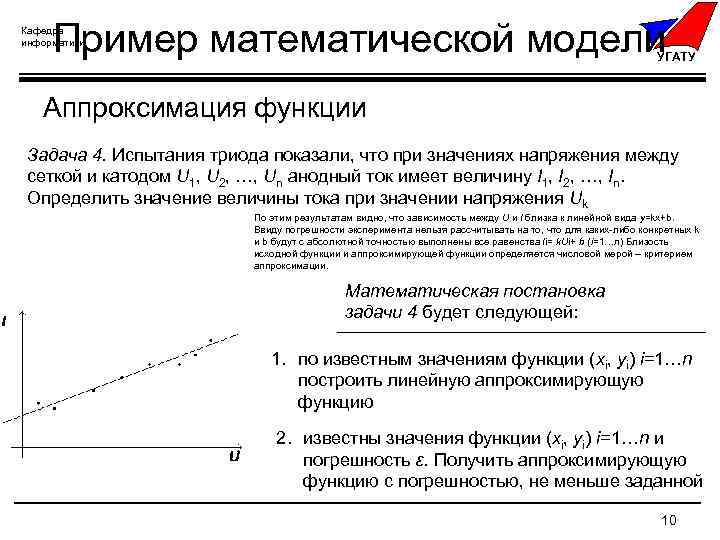 Пример математической модели Кафедра информатики УГАТУ Аппроксимация функции Задача 4. Испытания триода показали, что