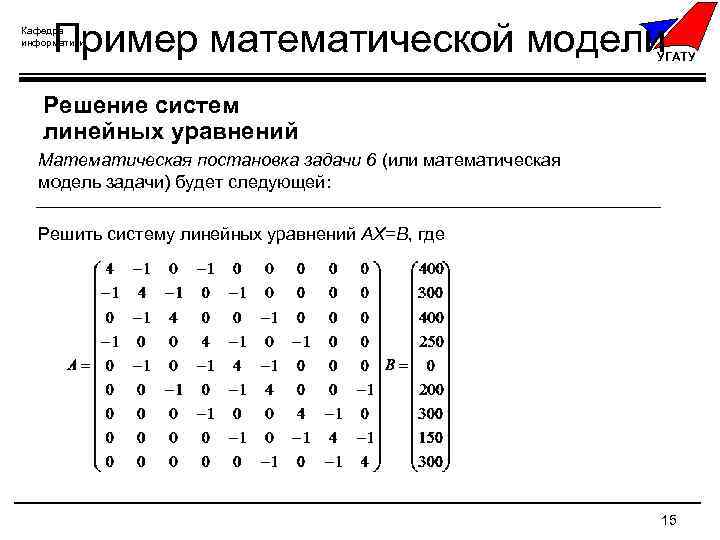 Пример математической модели Кафедра информатики УГАТУ Решение систем линейных уравнений Математическая постановка задачи 6