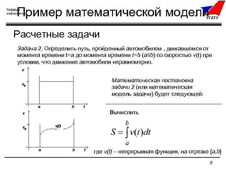 Пример математической модели Кафедра информатики УГАТУ Расчетные задачи Задача 2. Определить путь, пройденный автомобилем