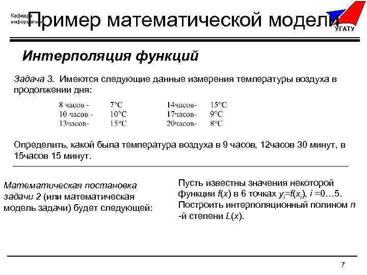 Пример математической модели Кафедра информатики УГАТУ Интерполяция функций Задача 3. Имеются следующие данные измерения