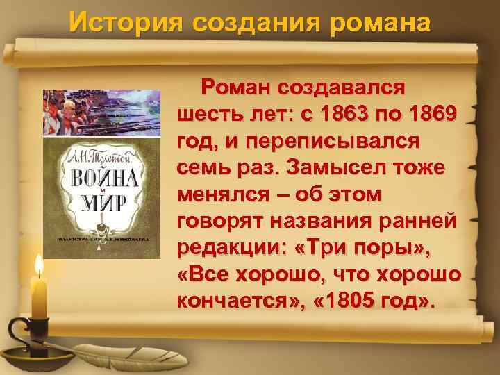 История создания романа Роман создавался шесть лет: с 1863 по 1869 год, и переписывался