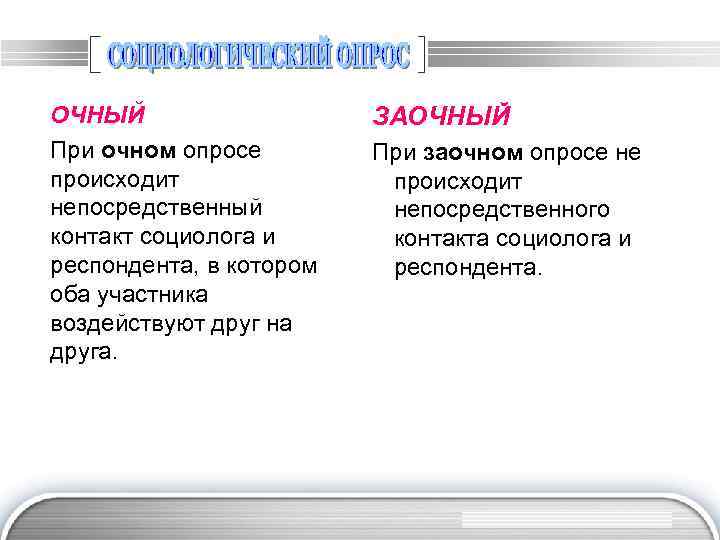 ОЧНЫЙ При очном опросе происходит непосредственный контакт социолога и респондента, в котором оба участника