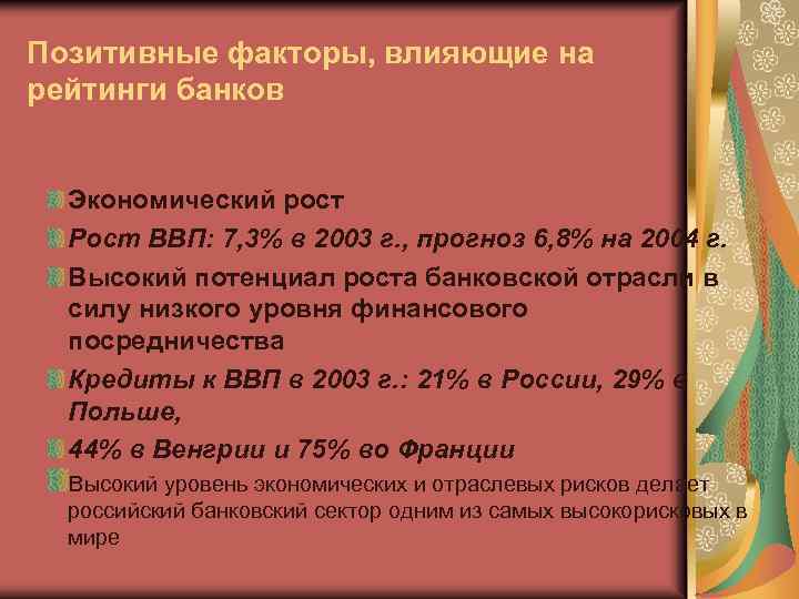 Позитивные факторы, влияющие на рейтинги банков Экономический рост Рост ВВП: 7, 3% в 2003