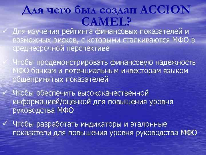Для чего был создан ACCION CAMEL? ü Для изучения рейтинга финансовых показателей и возможных