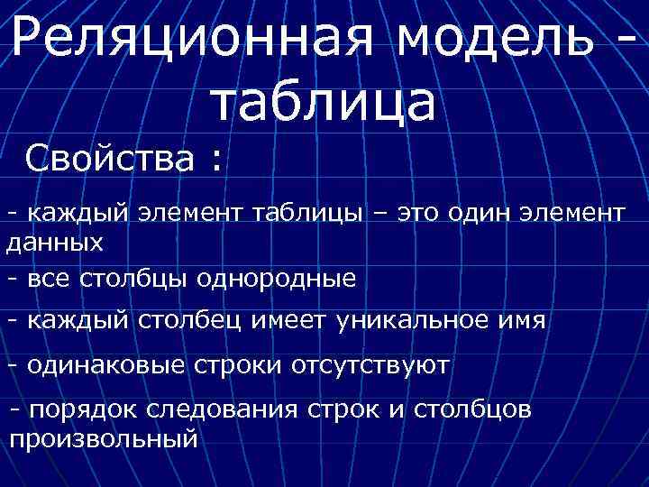 Реляционная модель таблица Свойства : - каждый элемент таблицы – это один элемент данных