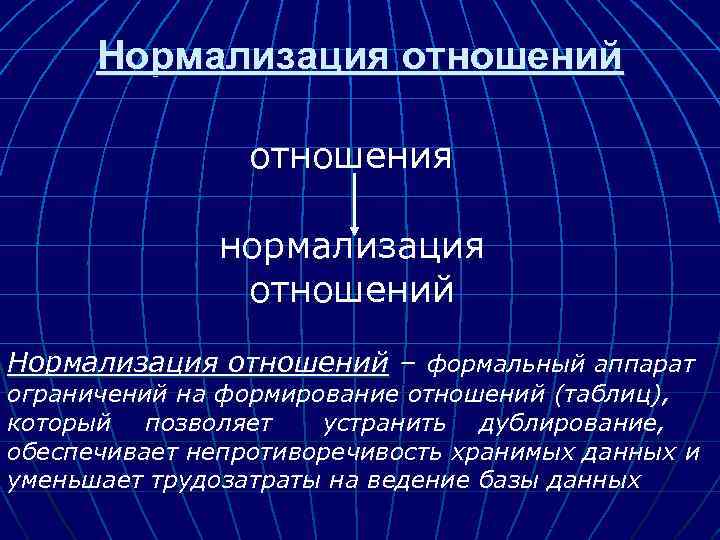 Нормализация отношений отношения нормализация отношений Нормализация отношений – формальный аппарат ограничений на формирование отношений