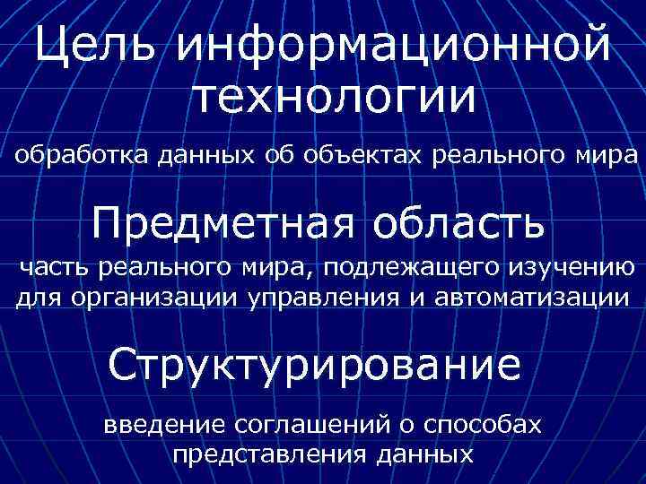 Цель информационной технологии обработка данных об объектах реального мира Предметная область часть реального мира,