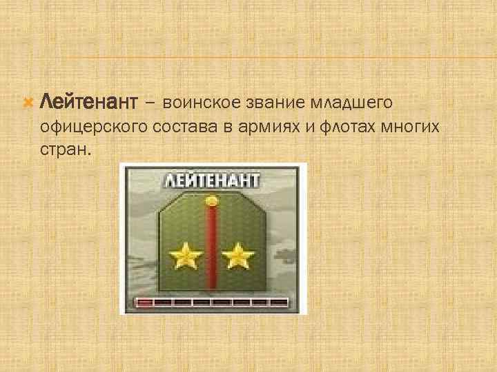  Лейтенант – воинское звание младшего офицерского состава в армиях и флотах многих стран.