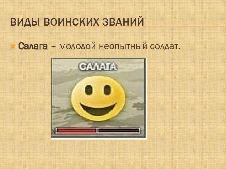 ВИДЫ ВОИНСКИХ ЗВАНИЙ Салага – молодой неопытный солдат. 