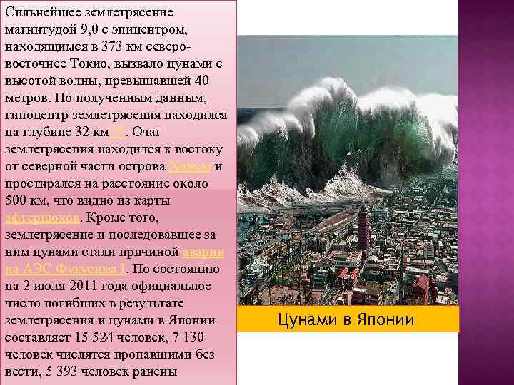 Сильнейшее землетрясение магнитудой 9, 0 с эпицентром, находящимся в 373 км северовосточнее Токио, вызвало
