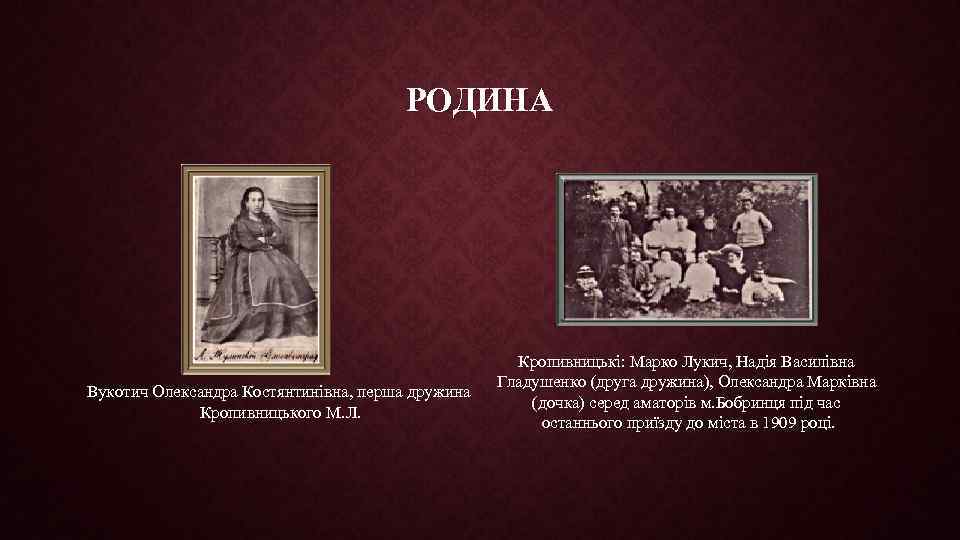 РОДИНА Вукотич Олександра Костянтинівна, перша дружина Кропивницького М. Л. Кропивницькі: Марко Лукич, Надія Василівна