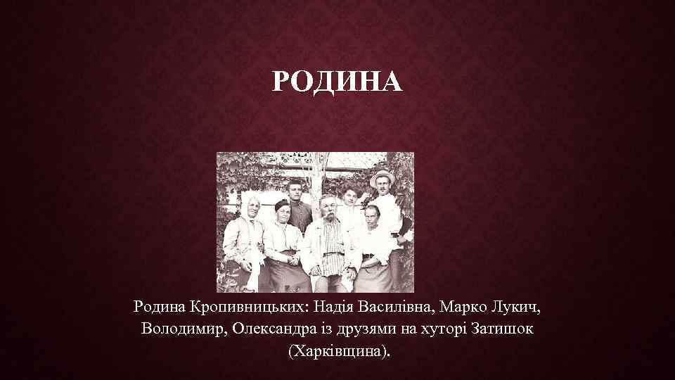 РОДИНА Родина Кропивницьких: Надія Василівна, Марко Лукич, Володимир, Олександра із друзями на хуторі Затишок