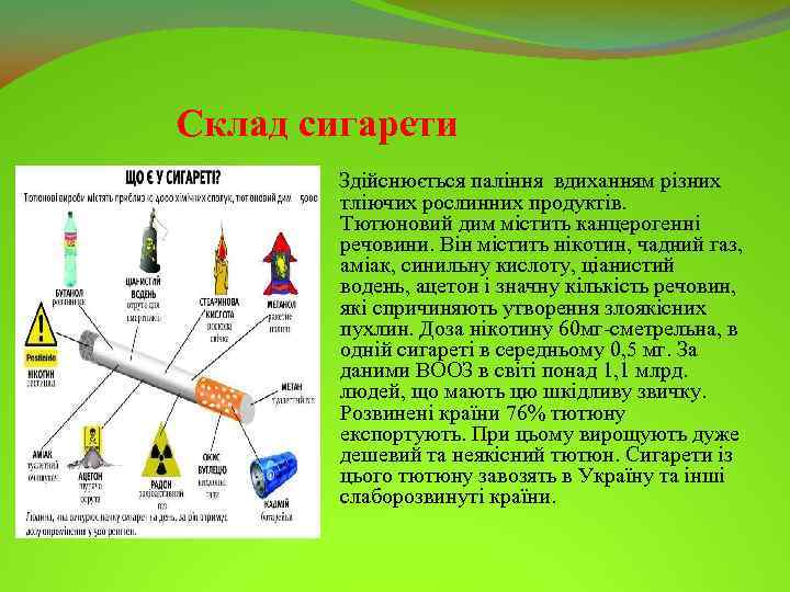 Склад сигарети Здійснюється паління вдиханням різних тліючих рослинних продуктів. Тютюновий дим містить канцерогенні речовини.