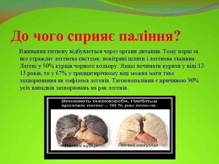 До чого сприяє паління? Вживання тютюну відбувається через органи дихання. Тому перш за все