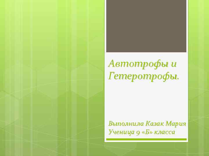 Автотрофы и Гетеротрофы. Выполнила Казак Мария Ученица 9 «Б» класса 