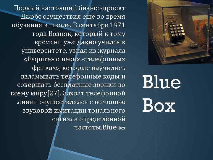 Первый настоящий бизнес-проект Джобс осуществил ещё во время обучения в школе. В сентябре 1971