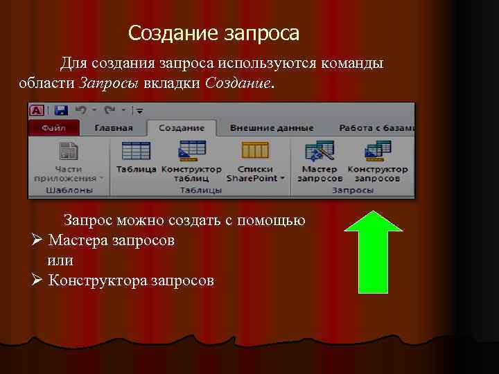 Запросы могут быть. Для построения запросов используются:. Технология создания запросов. Запрос можно создать. Опишите технологию создания запроса.