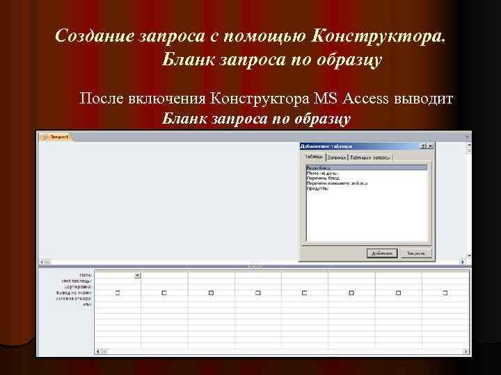 Создание запроса с помощью Конструктора. Бланк запроса по образцу После включения Конструктора MS Access