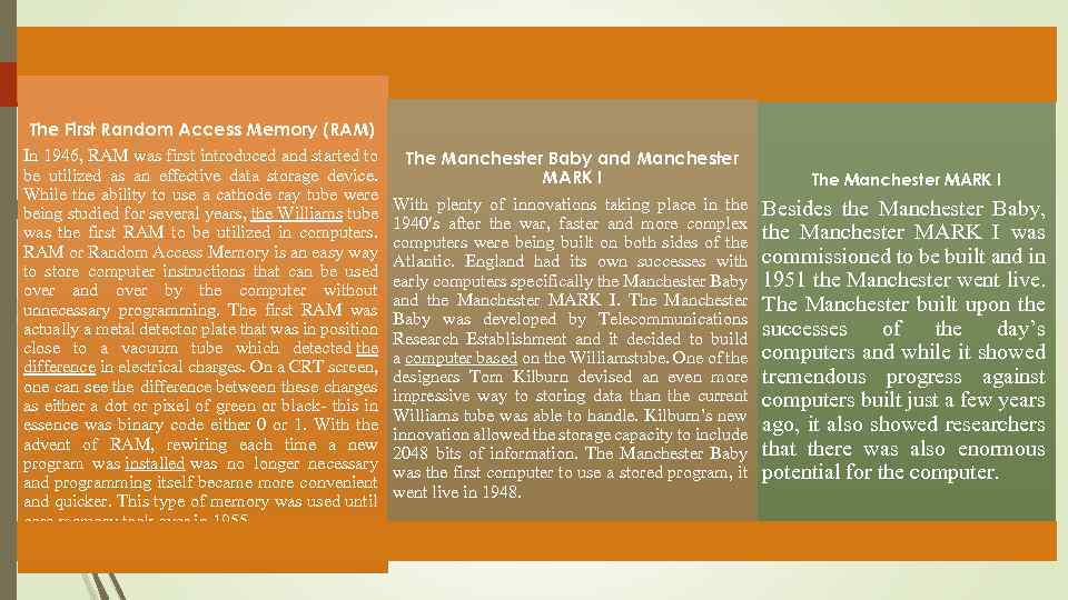 The First Random Access Memory (RAM) In 1946, RAM was first introduced and started
