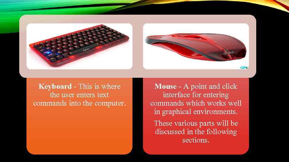 Keyboard - This is where the user enters text commands into the computer. Mouse