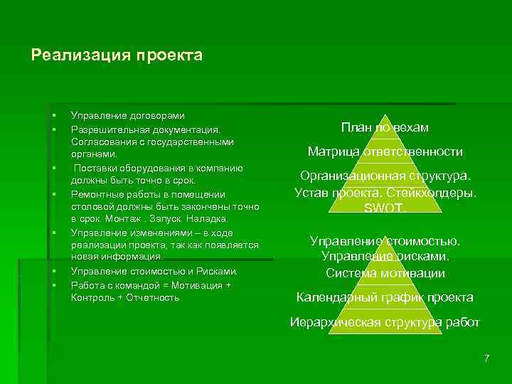 Реализация проекта § § § § Управление договорами Разрешительная документация. Согласования с государственными органами.